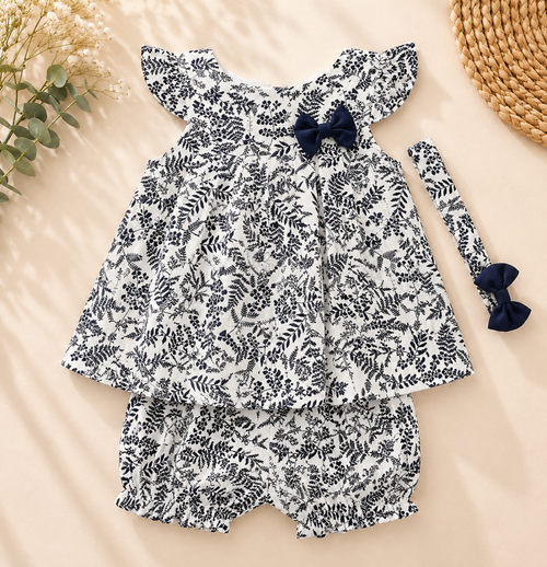 A baby girl's three-piece outfit set featuring a white and navy blue fern pattern, consisting of a ruffle-shoulder top with a navy bow, matching bloomers, and a long-sleeve top with a navy bow, laid flat on a beige background with decorative props.