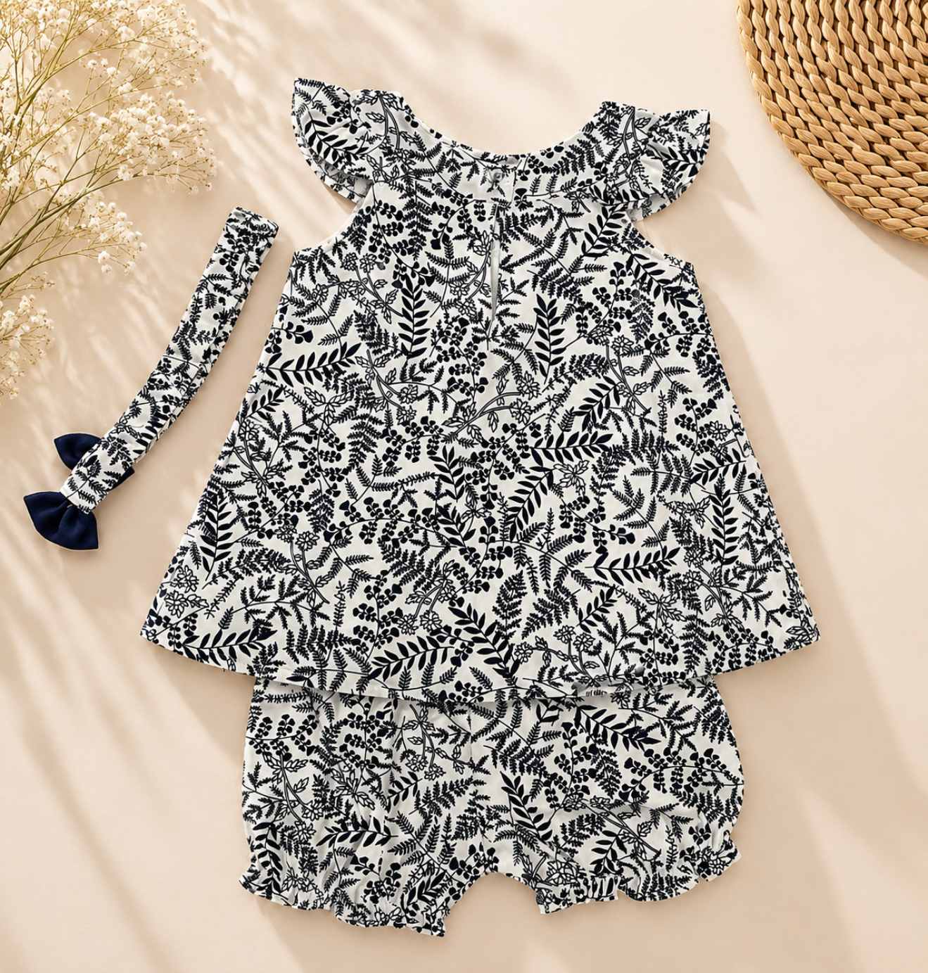 A baby girl's two-piece outfit set featuring a ruffled sleeveless top and matching ruffled shorts in a black and white leaf pattern, styled with a matching leaf-print headband on a beige background with decorative dried flowers and a woven mat.
