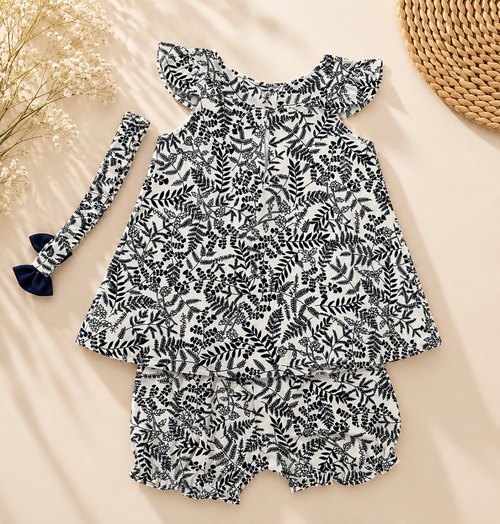 A baby girl's two-piece outfit set featuring a ruffled sleeveless top and matching ruffled shorts in a black and white leaf pattern, styled with a matching leaf-print headband on a beige background with decorative dried flowers and a woven mat.