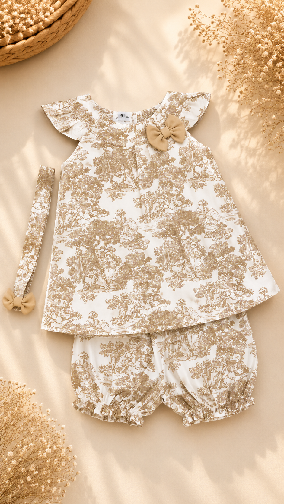 A baby girl's two-piece outfit set featuring a sleeveless top with flutter sleeves and matching shorts, both in a beige and white toile de Jouy pattern. The set includes a matching headband and a decorative bow, styled in a flat-lay arrangement with dried flowers and a woven basket on a beige background.