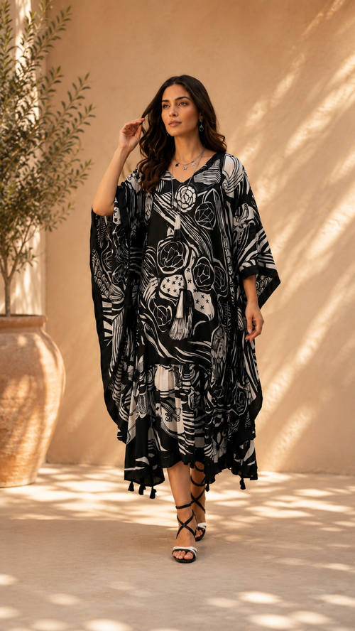 A  black and white floral print kaftan dress with tassel fringe, 
