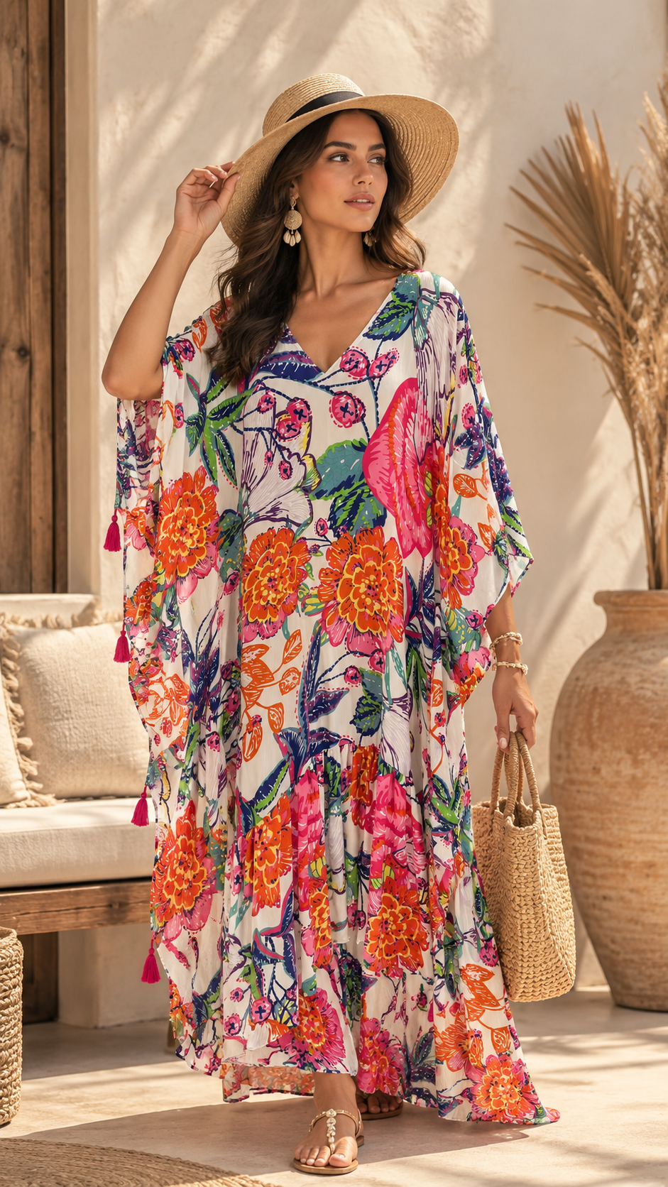 A bohemian-style floral maxi dress with tassel details, 