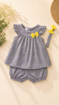 A baby girl's two-piece outfit set featuring a short-sleeve top and matching bloomers in a lavender-gray floral print, decorated with yellow bows, shown with a matching headband on a beige background with decorative dried flowers and a woven hat.