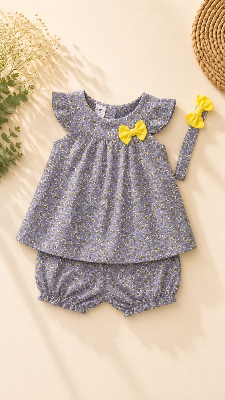 A baby girl's two-piece outfit set featuring a short-sleeve top and matching bloomers in a lavender-gray floral print, decorated with yellow bows, shown with a matching headband on a beige background with decorative dried flowers and a woven hat.