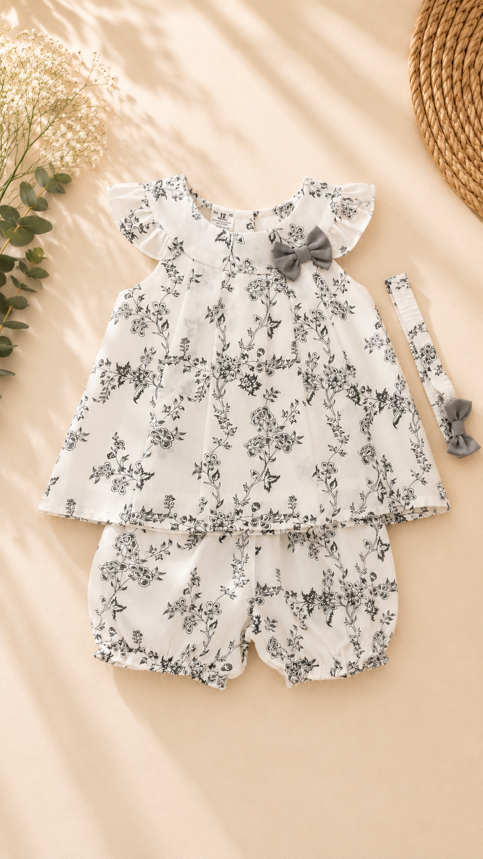 A baby girl's two-piece outfit set featuring a white short-sleeve romper and matching shorts with a delicate black floral print, styled with a gray bow on the bodice and a matching headband. The set is laid flat on a beige background with decorative dried flowers and a woven straw hat.