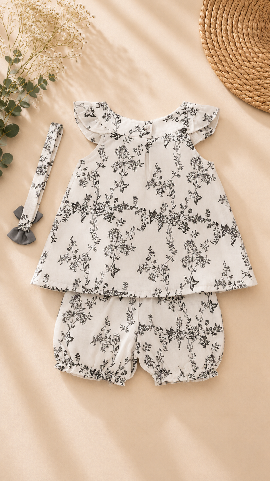 A baby girl's two-piece outfit set featuring a white romper with a black floral print and matching shorts, styled with a matching floral headband on a beige fabric background with decorative dried flowers and a woven mat.