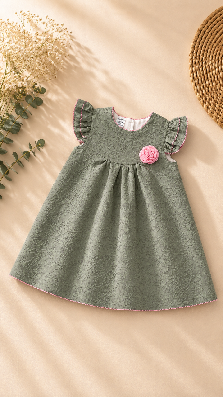 A toddler girl's sage green dress with ruffled flutter sleeves and a pink fabric flower applique on the chest, laid flat on a beige background with decorative dried flowers and a woven mat.