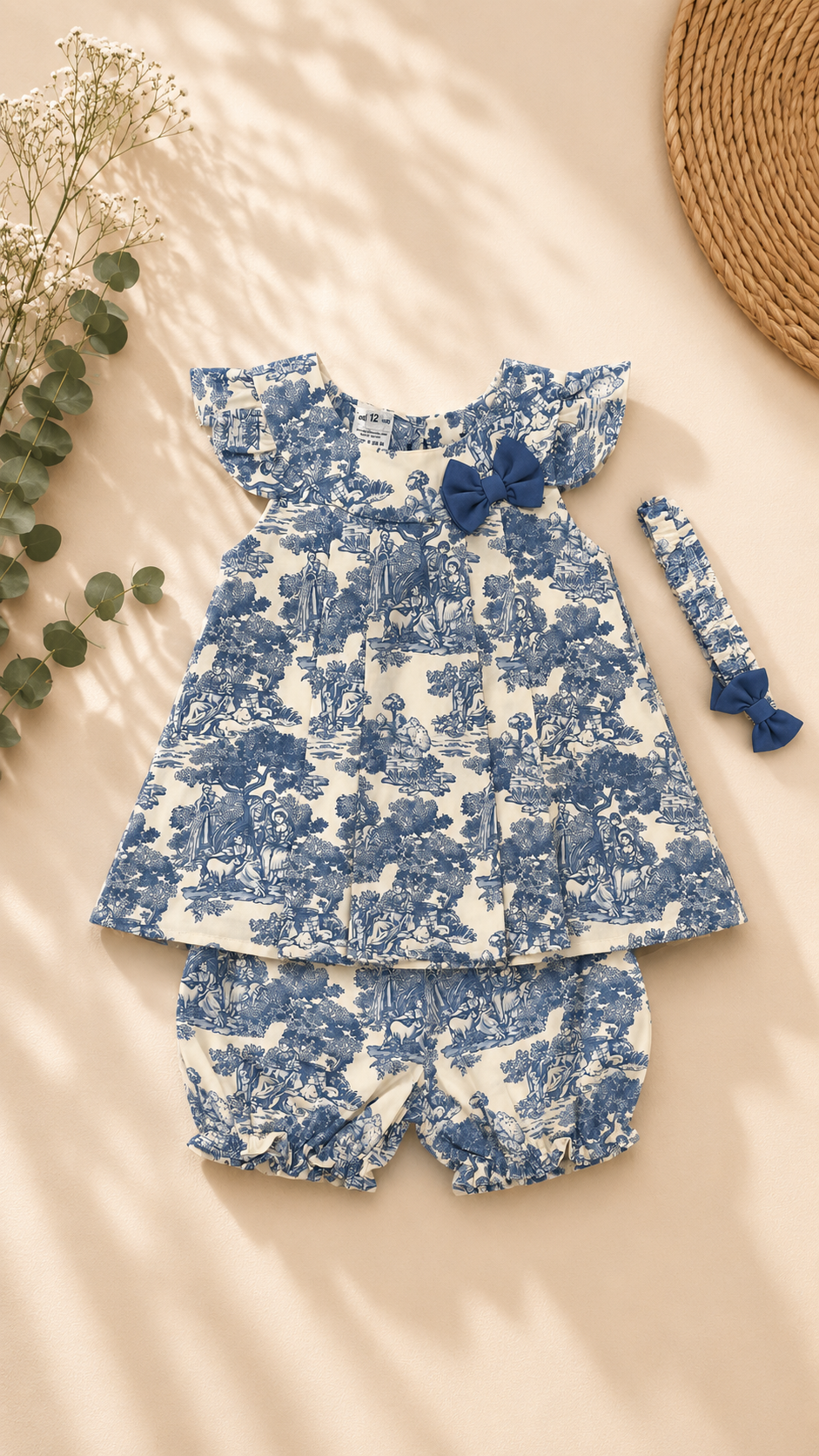 A baby girl's two-piece outfit set featuring a blue and white toile patterned dress with flutter sleeves and a matching bow headband, displayed on a beige background with soft leaf shadows.