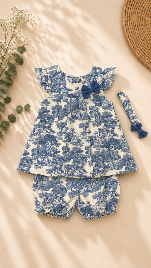 A baby girl's two-piece outfit set featuring a blue and white toile patterned dress with flutter sleeves and a matching bow headband, displayed on a beige background with soft leaf shadows.