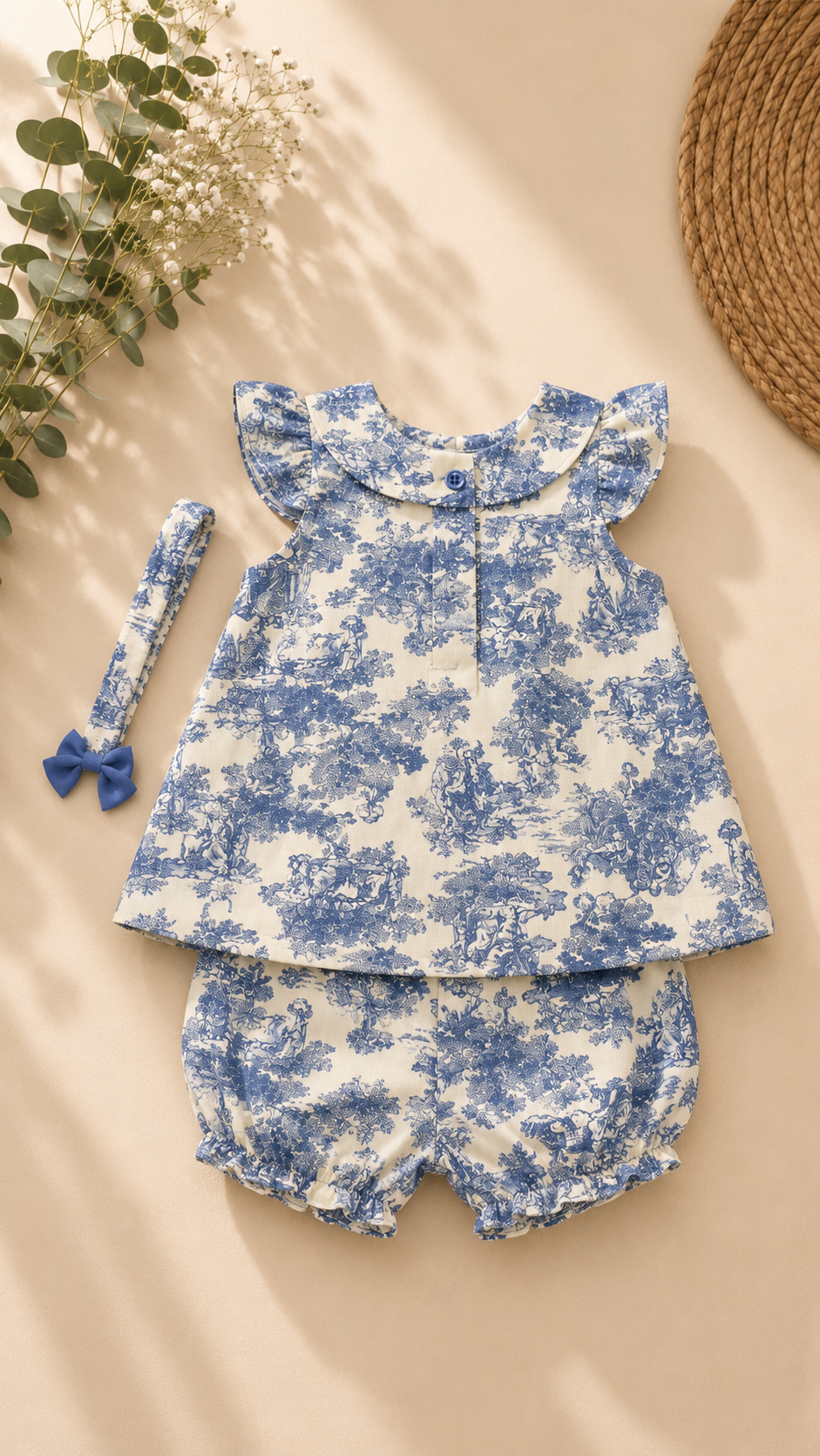 A baby girl's two-piece outfit set featuring a blue and white floral toile patterned romper with ruffle sleeves and a matching floral headband with a blue bow, laid flat on a beige background with decorative props.