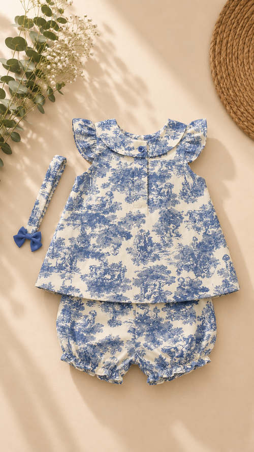 A baby girl's two-piece outfit set featuring a blue and white floral toile patterned romper with ruffle sleeves and a matching floral headband with a blue bow, laid flat on a beige background with decorative props.