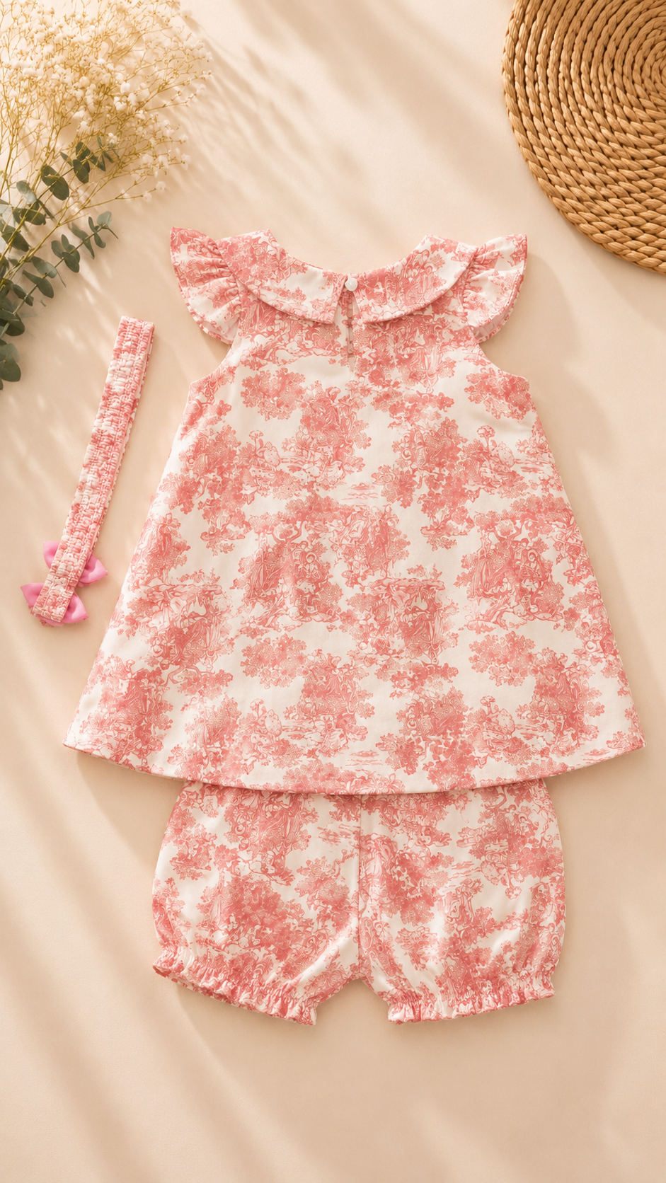 A baby girl's two-piece outfit set featuring a pink and white toile floral print top with ruffled flutter sleeves and matching shorts, accompanied by a matching headband, laid flat on a beige fabric background with decorative dried flowers and a woven straw hat.