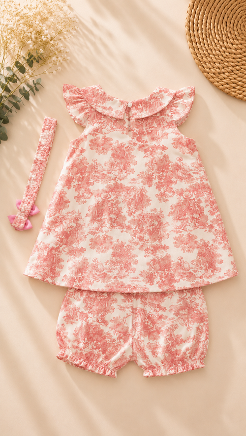 A baby girl's two-piece outfit set featuring a pink and white toile floral print top with ruffled flutter sleeves and matching shorts, accompanied by a matching headband, laid flat on a beige fabric background with decorative dried flowers and a woven straw hat.