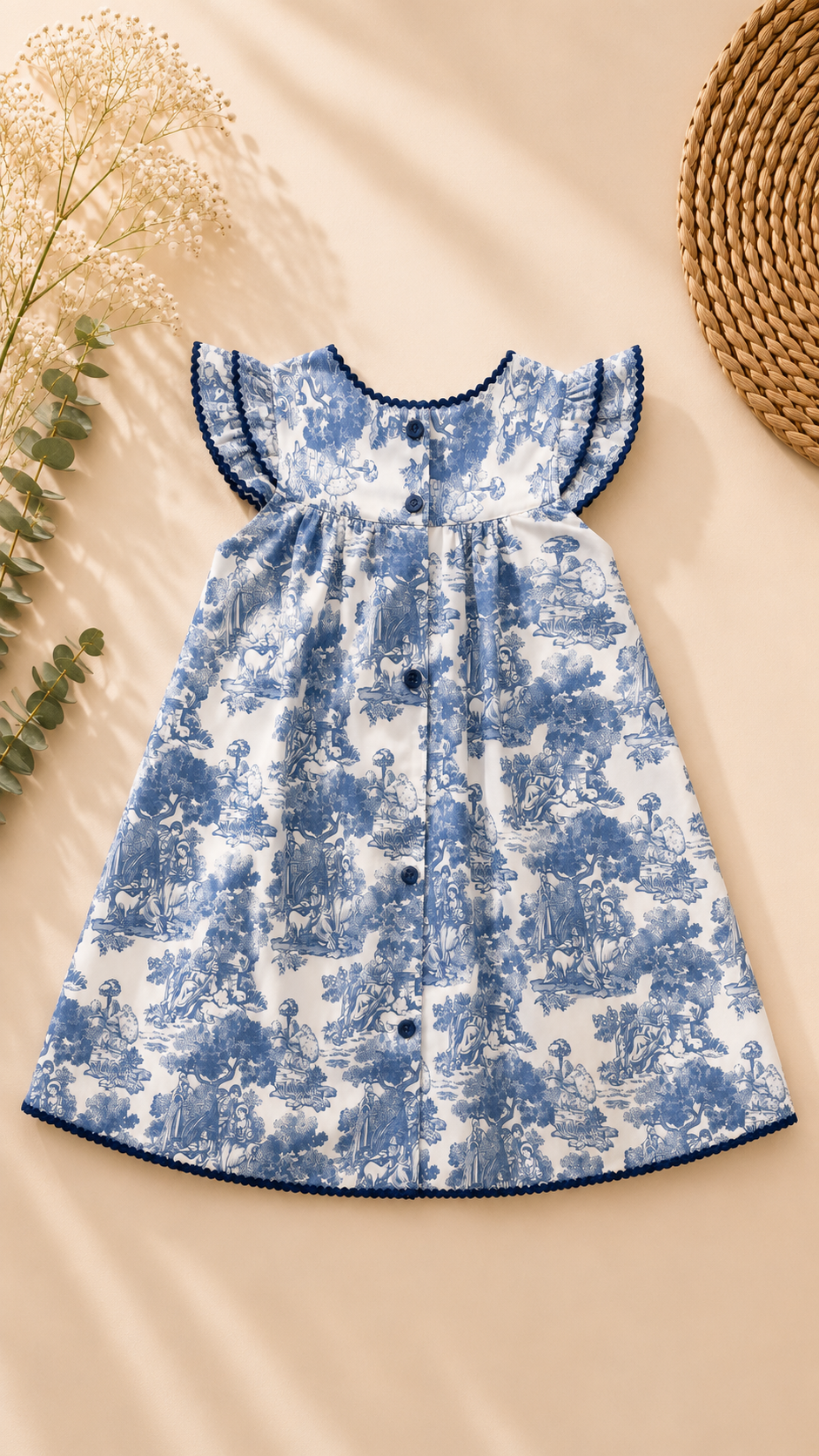 A baby girl's short-sleeve dress with a blue and white toile pattern, laid flat on a beige background with decorative dried flowers and a woven mat.