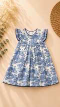A toddler girl's sleeveless dress with a blue and white toile de Jouy pattern, featuring ruffled cap sleeves and a smocked bodice, laid flat on a beige background with dried flowers and a woven mat.