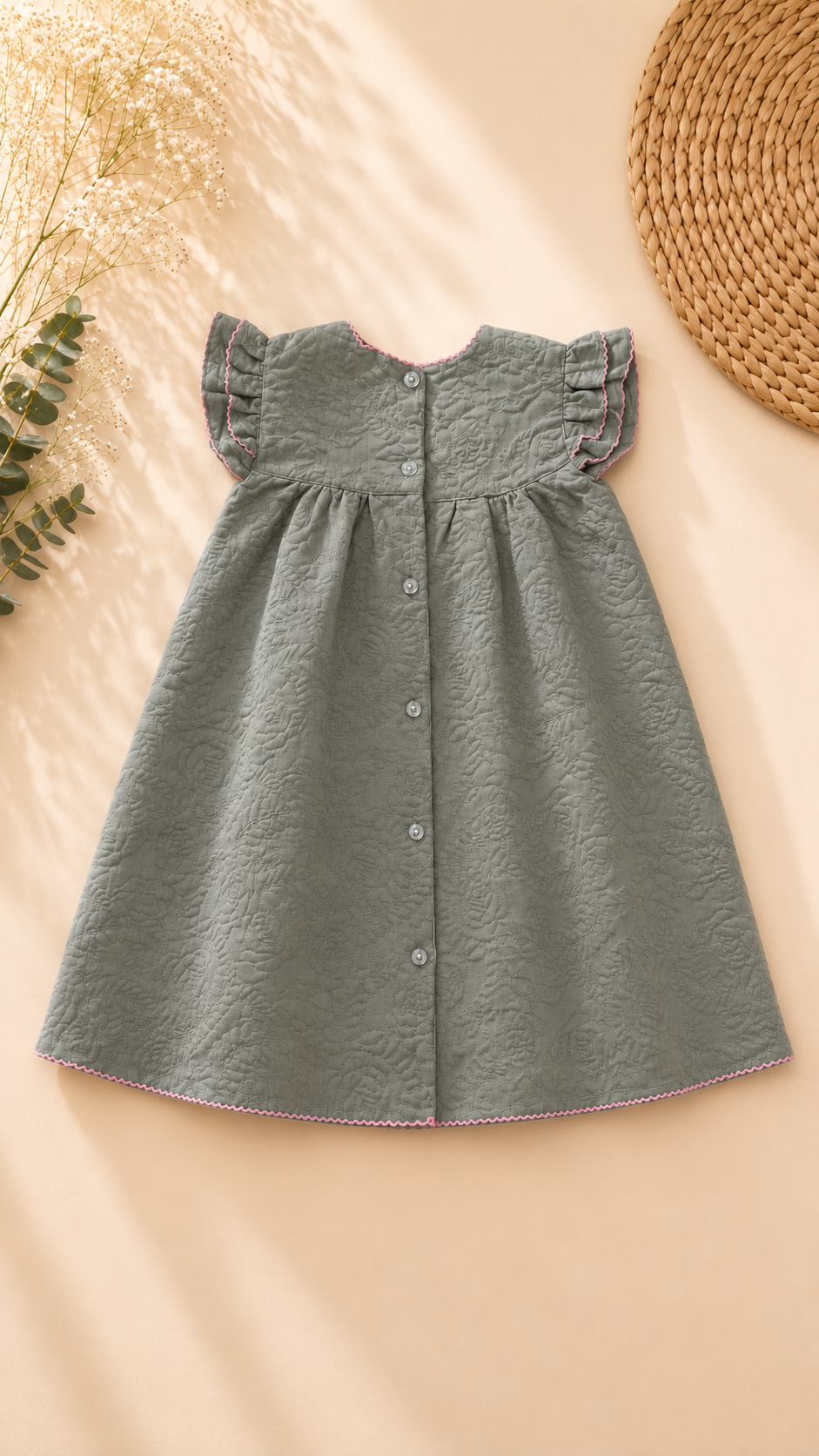 A baby girl's sage green textured dress with ruffled sleeves and a button-up front, styled flat-lay on a beige background with dried flowers and a woven mat.