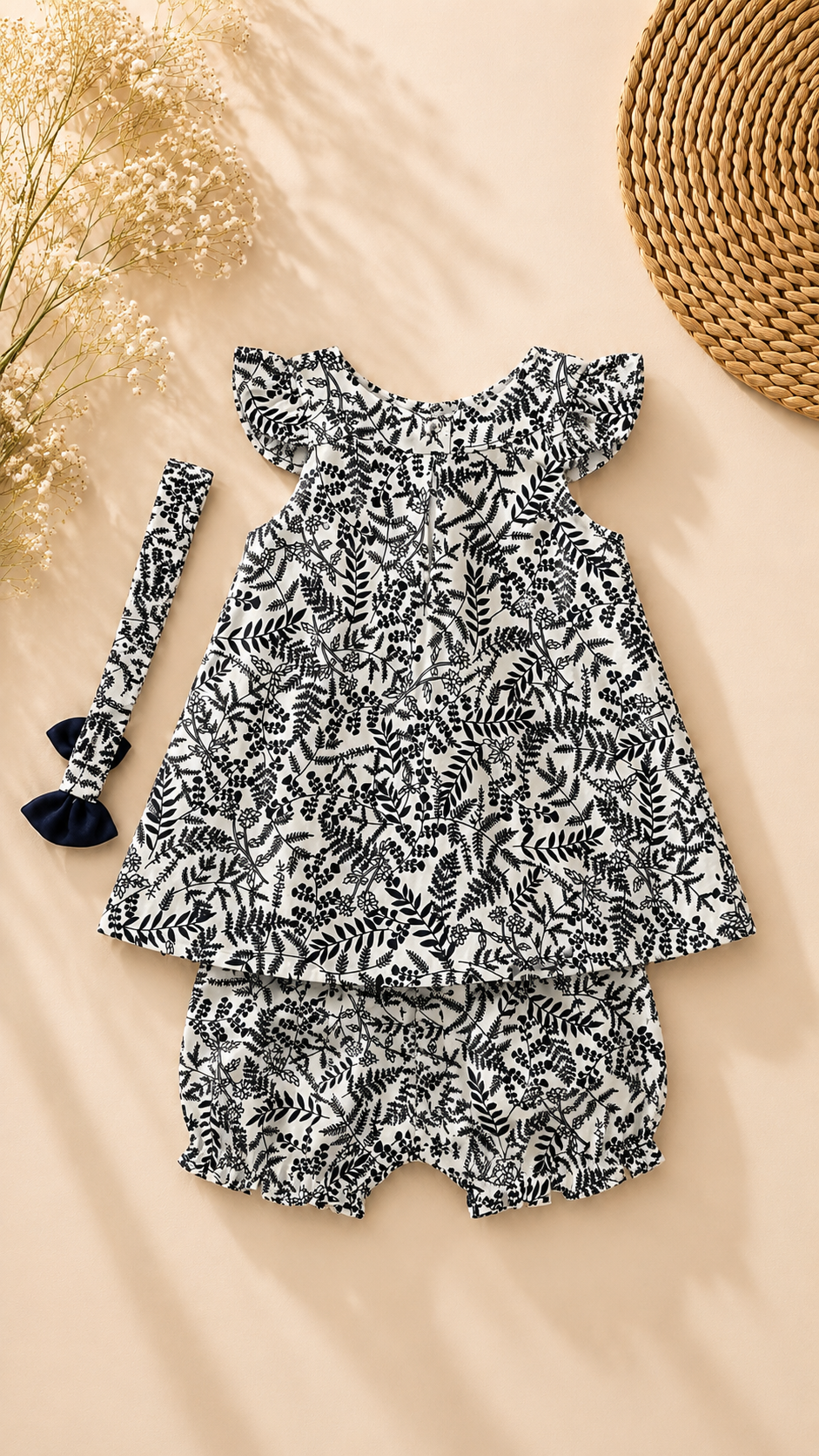 A baby girl's three-piece outfit set featuring a sleeveless ruffle-shoulder top, matching ruffle-trimmed shorts, and a coordinating headband, all in a black and white botanical leaf print. The set is styled in a flat-lay arrangement on a beige background with dried flowers and a woven straw hat.