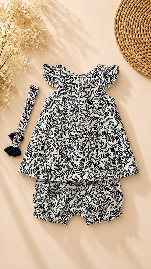 A baby girl's three-piece outfit set featuring a sleeveless ruffle-shoulder top, matching ruffle-trimmed shorts, and a coordinating headband, all in a black and white botanical leaf print. The set is styled in a flat-lay arrangement on a beige background with dried flowers and a woven straw hat.