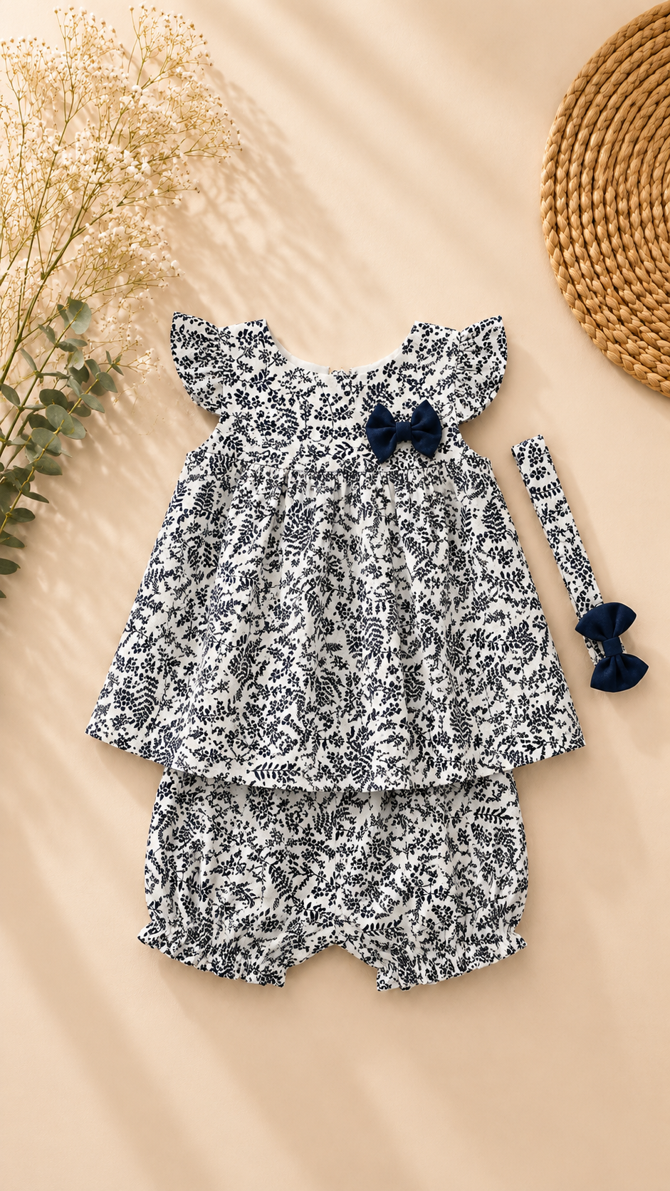 A baby girl's two-piece outfit set featuring a black and white floral print romper with ruffled sleeves and a matching bow headband, styled flat-lay on a beige background with dried flowers and a woven mat.