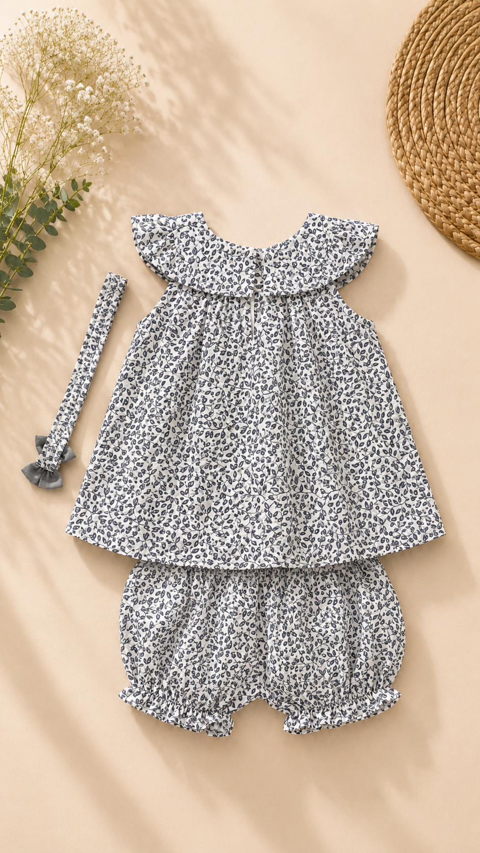A baby girl's two-piece outfit set featuring a smocked ruffle-sleeve top and matching ruffle-hem bloomers, in a black and white floral print. The set is styled in a flat lay with a matching headband, dried flowers, and a woven straw hat on a beige background.