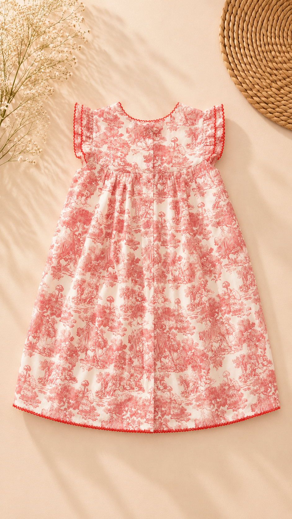 A baby girl's short-sleeve dress with a pink and white toile floral print, featuring ruffled cap sleeves and a smocked bodice, laid flat on a beige background with decorative dried flowers and a woven straw hat.