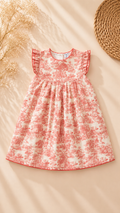A sleeveless baby girl's dress with a pink and white floral toile pattern, featuring ruffled cap sleeves and a smocked bodice, laid flat on a beige background with dried flowers and a woven straw hat.