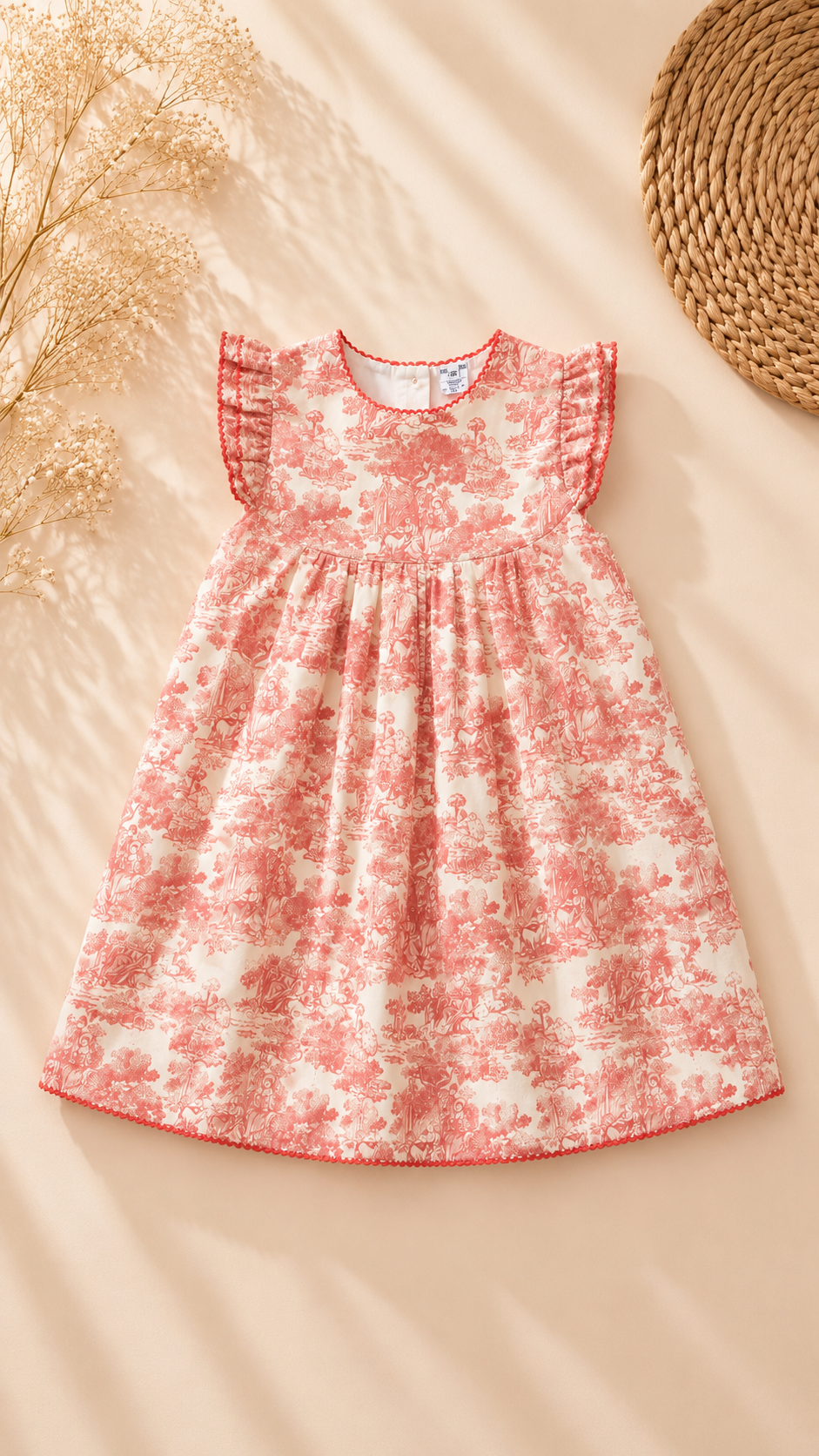 A sleeveless baby girl's dress with a pink and white floral toile pattern, featuring ruffled cap sleeves and a smocked bodice, laid flat on a beige background with dried flowers and a woven straw hat.