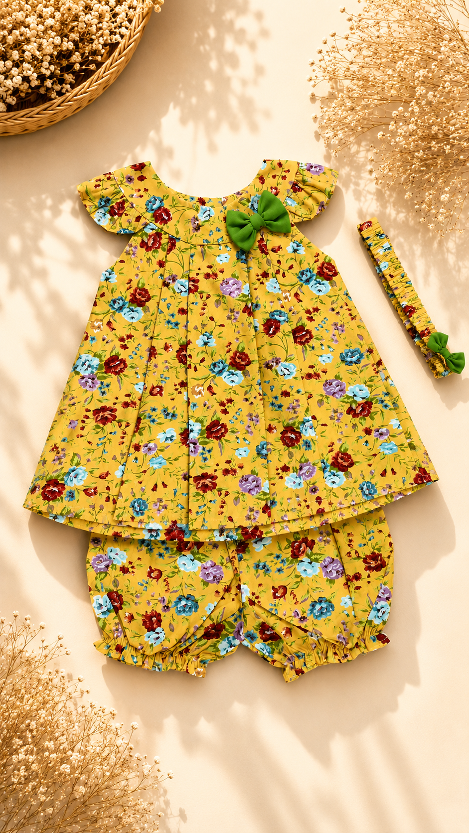A baby girl's two-piece outfit set consisting of a yellow floral romper and matching bloomers, styled with a matching headband on a beige background with dried floral props.