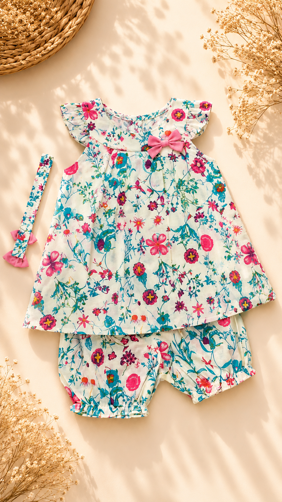 A baby girl's two-piece floral romper set featuring a sleeveless top with ruffled shoulders and a matching headband, laid flat on a beige background with decorative dried flowers and a woven basket.