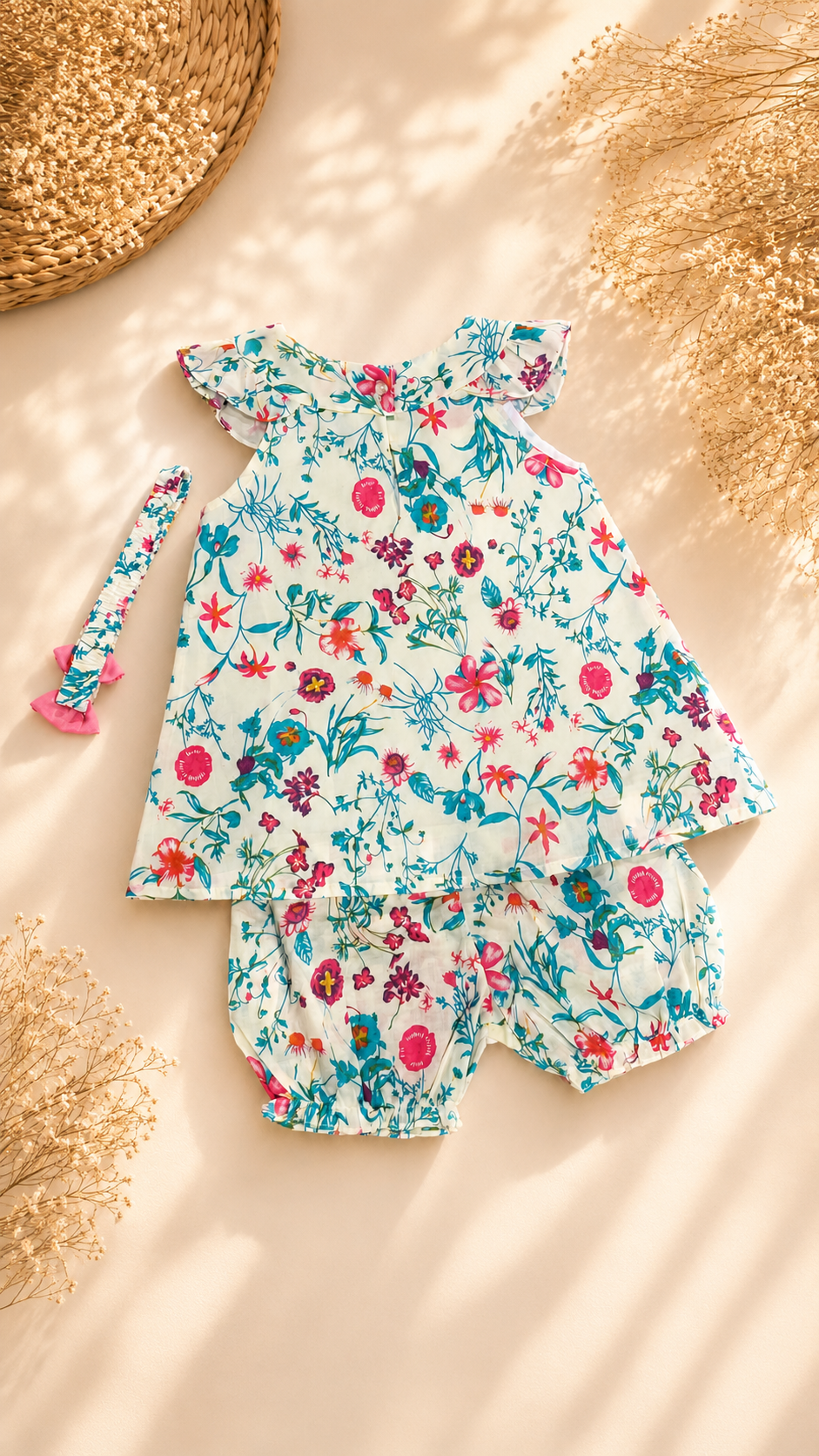 A baby romper set with a colorful floral print on a white base, laid flat on a beige surface with soft shadows. The set includes a ruffled top, matching shorts, and a long sleeve or cape with a pink pom-pom.