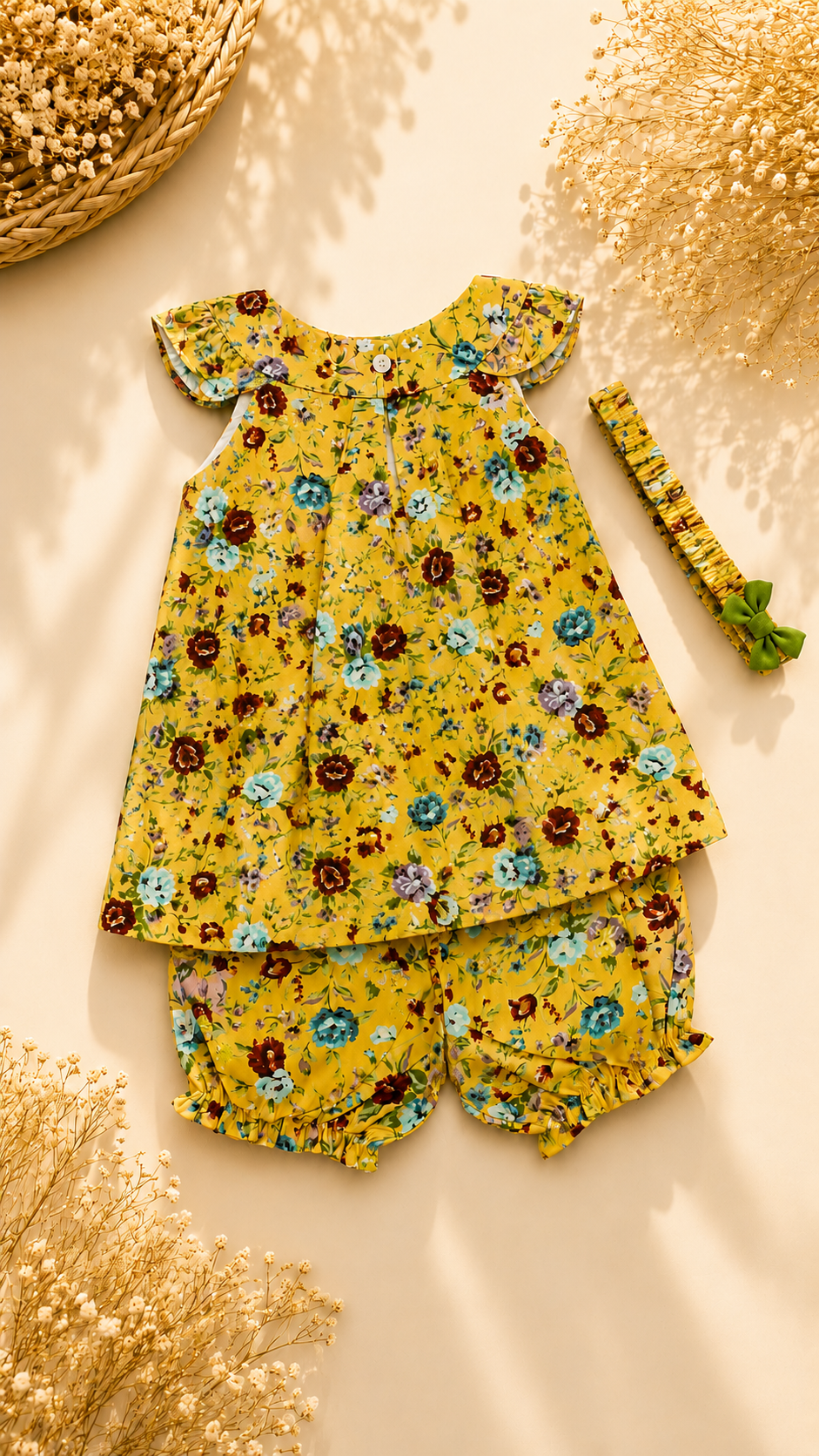 A baby girl's two-piece outfit set featuring a yellow short-sleeve top and matching shorts with a colorful floral print, accompanied by a matching headband, styled in a flat lay with dried flowers and a woven basket.