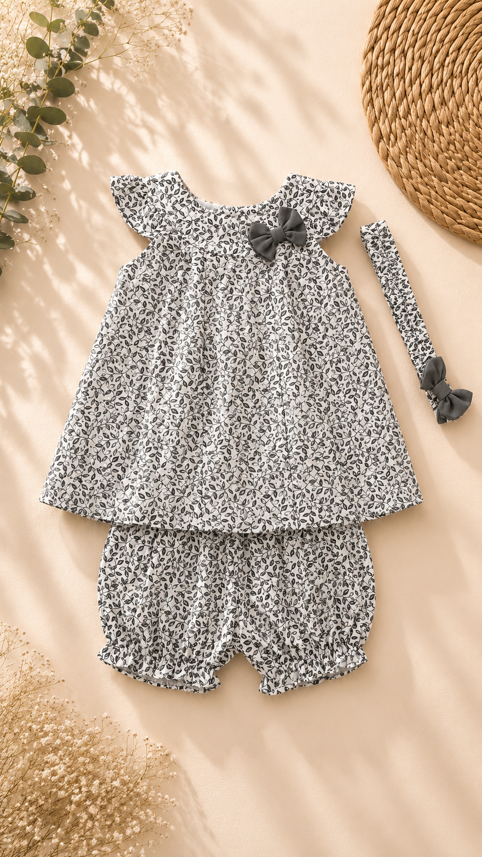 A baby girl's two-piece outfit set featuring a sleeveless top with flutter sleeves and matching bloomers, both in a black and white floral print. The set includes a small black bow on the top and a matching headband.