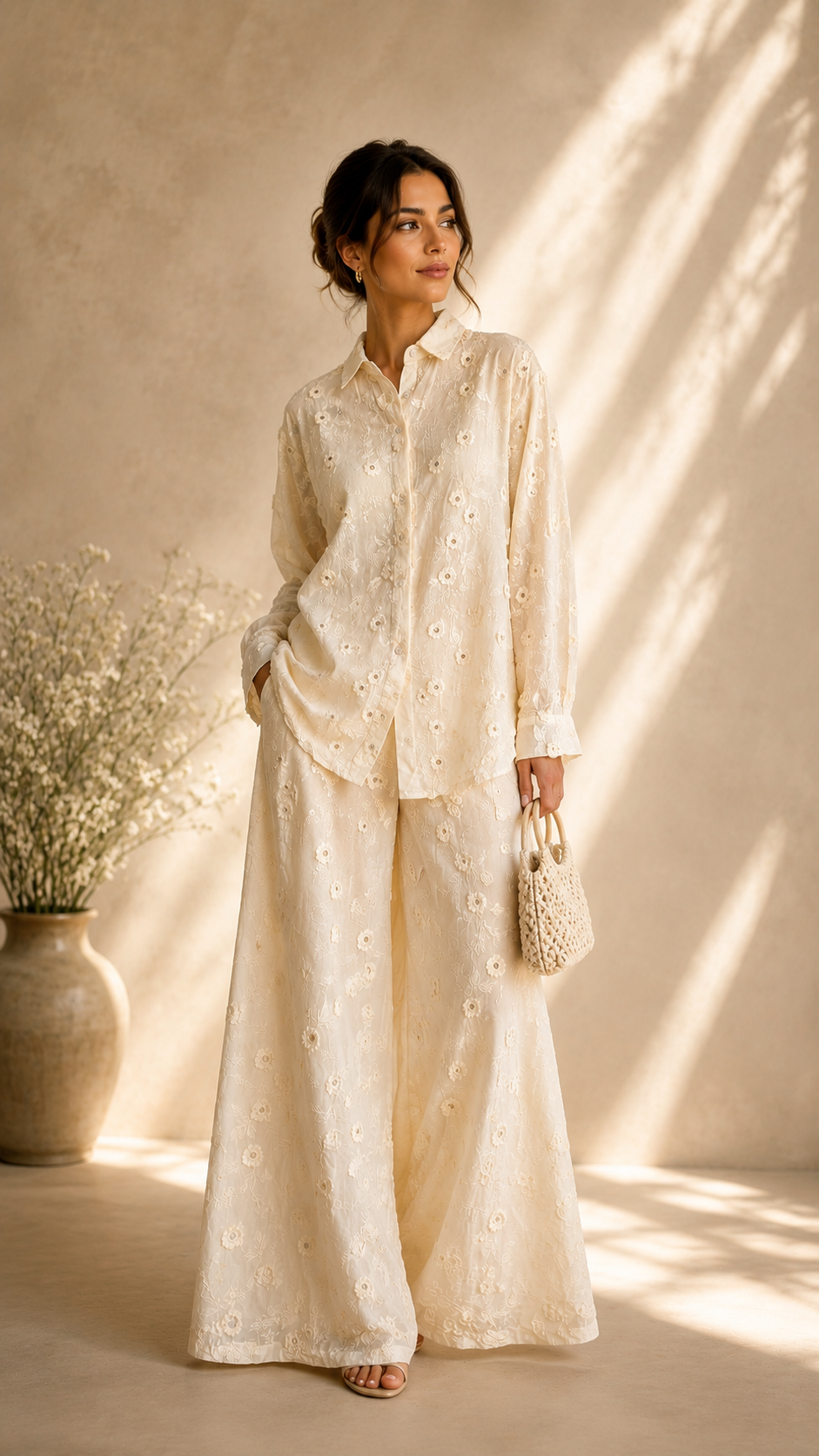 A woman stands in a sunlit studio wearing a matching cream-colored embroidered shirt and wide-leg pants set, holding a small woven handbag. The background features a textured beige wall with soft leaf shadows.