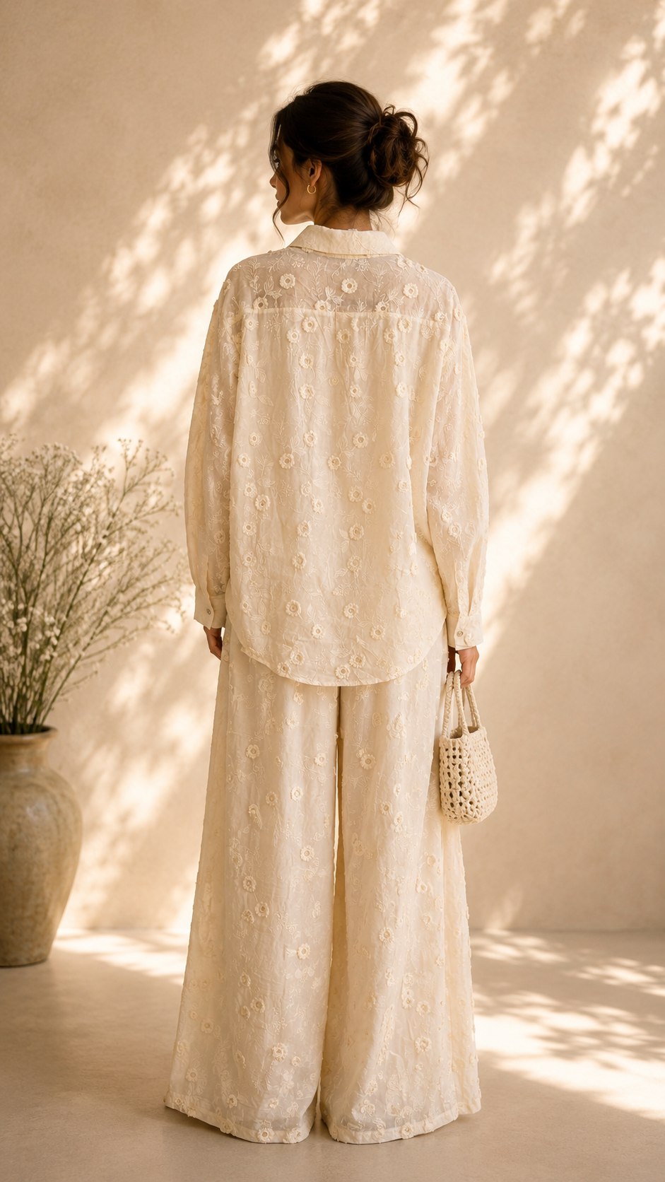 A woman stands with her back to the camera wearing a cream-colored embroidered two-piece set consisting of a long-sleeve blouse and wide-leg trousers. She is holding a small woven handbag in a warm, sunlit room with leaf shadows on the wall.