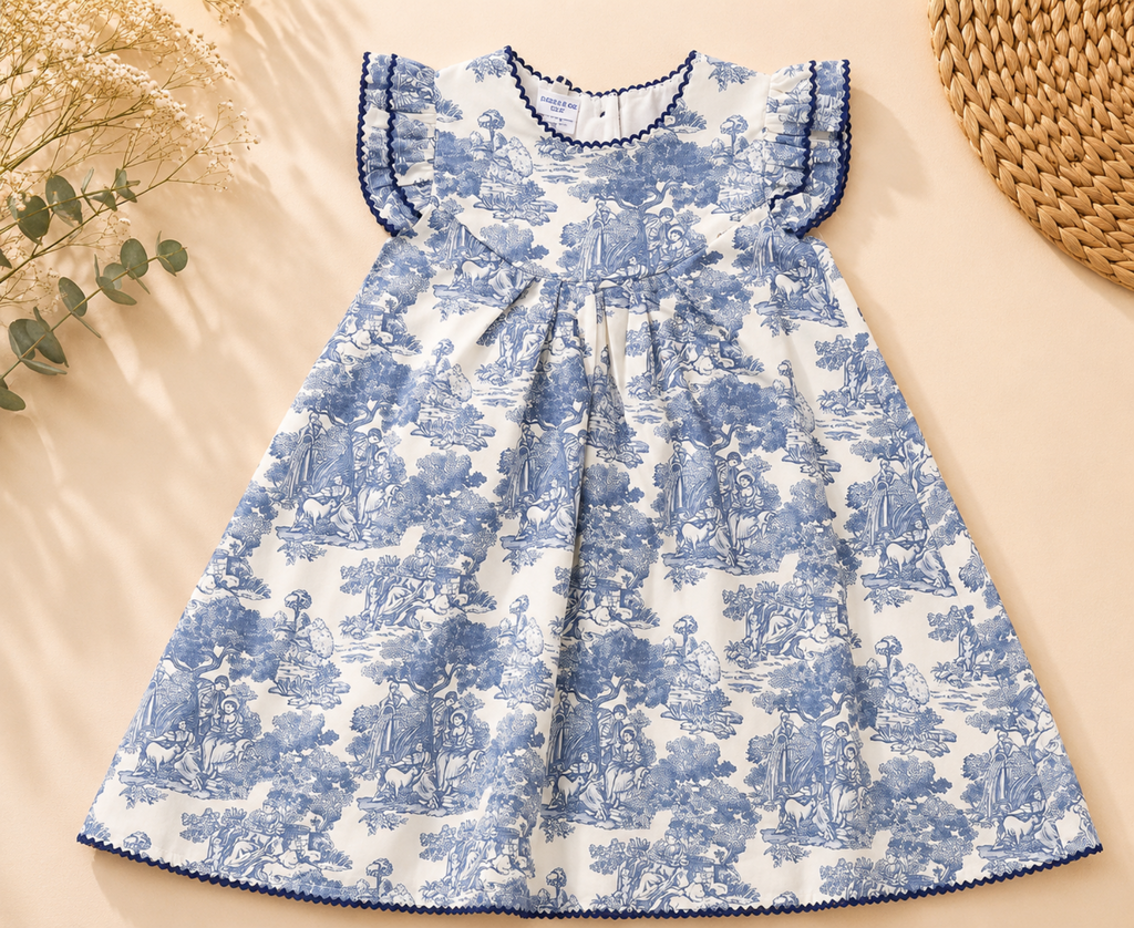 A sleeveless baby dress with a blue and white toile de Jouy pattern, featuring ruffled shoulder straps and a scalloped blue hem, laid flat on a beige background with decorative dried flowers and a woven mat.