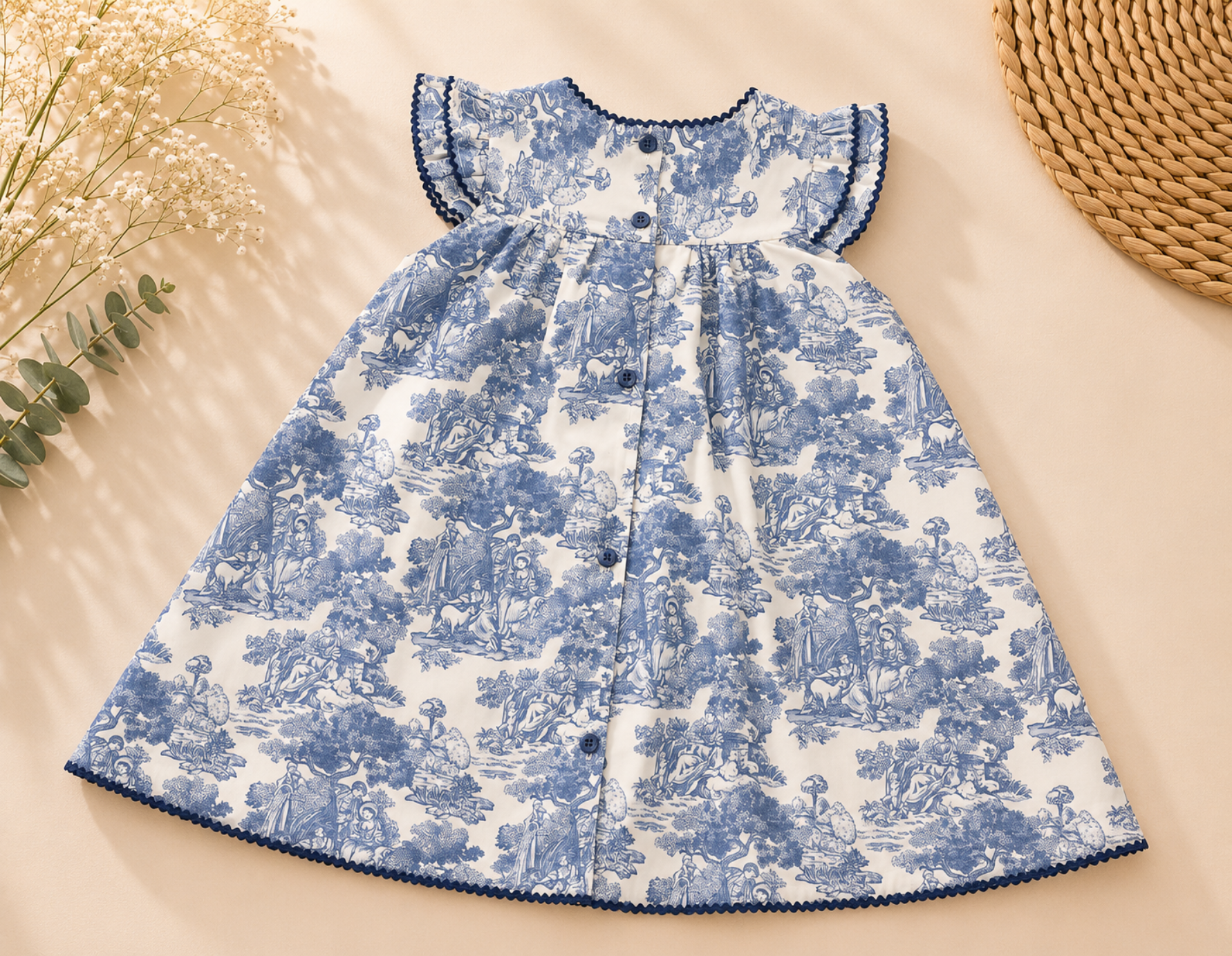 A baby girl's sleeveless dress with a blue and white toile de Jouy pattern, featuring ruffled cap sleeves, a button-up front, and a scalloped hem, laid flat on a beige background with decorative dried flowers and a woven mat.
