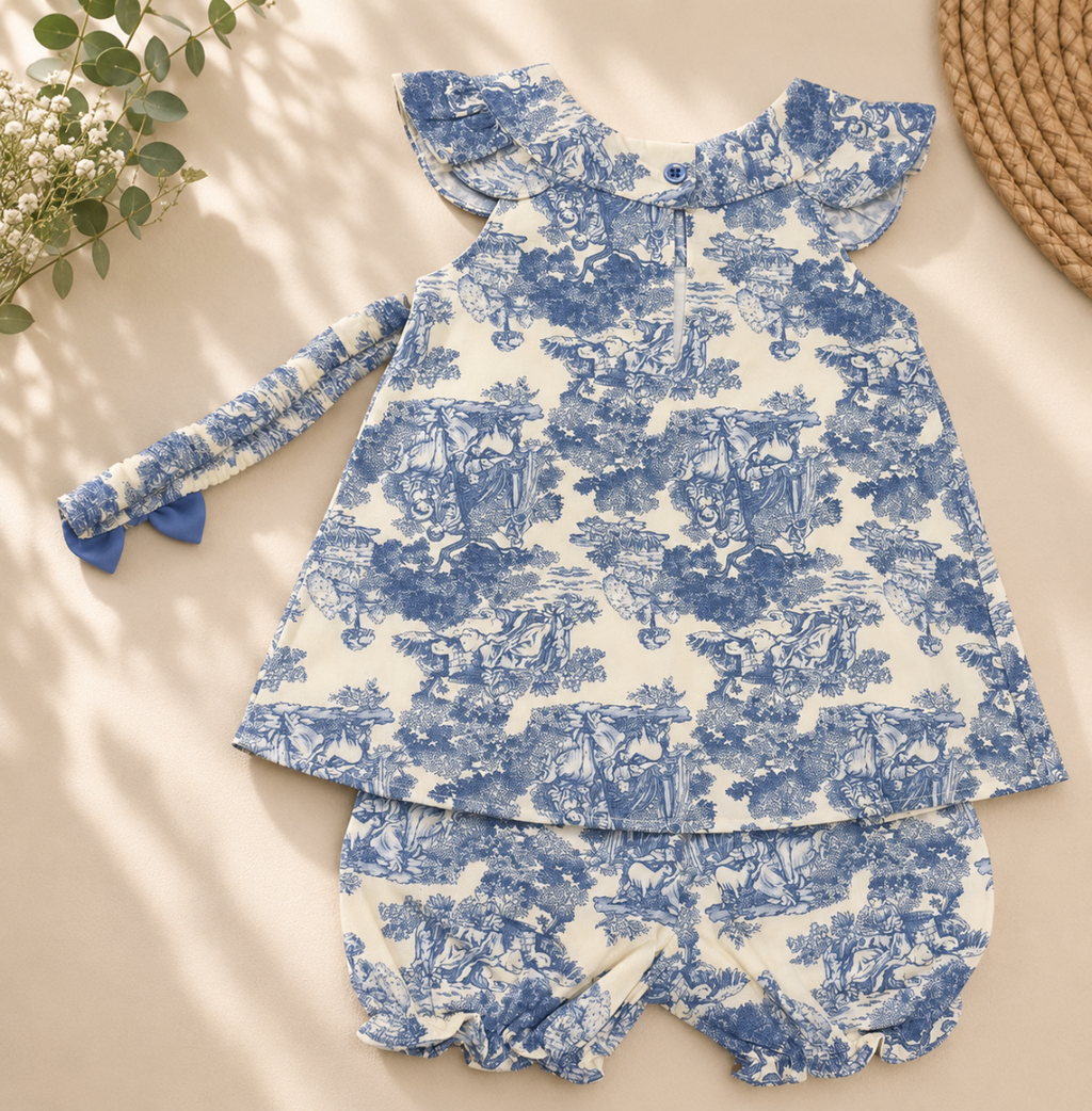 A baby girl's two-piece outfit set featuring a long-sleeve ruffle-sleeve top and matching bloomers, both in a blue and white toile de Jouy pattern, laid flat on a beige background with decorative props.