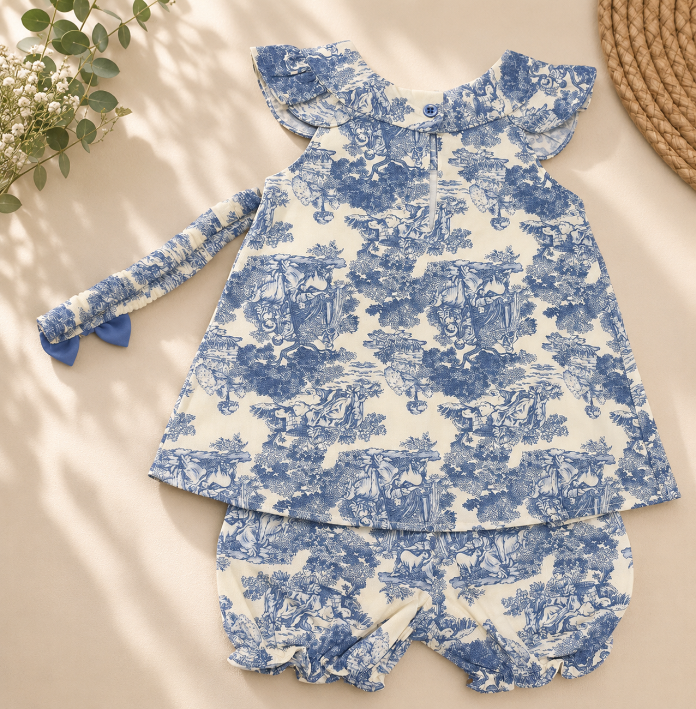 A baby girl's two-piece outfit set featuring a long-sleeve ruffle-sleeve top and matching bloomers, both in a blue and white toile de Jouy pattern, laid flat on a beige background with decorative props.