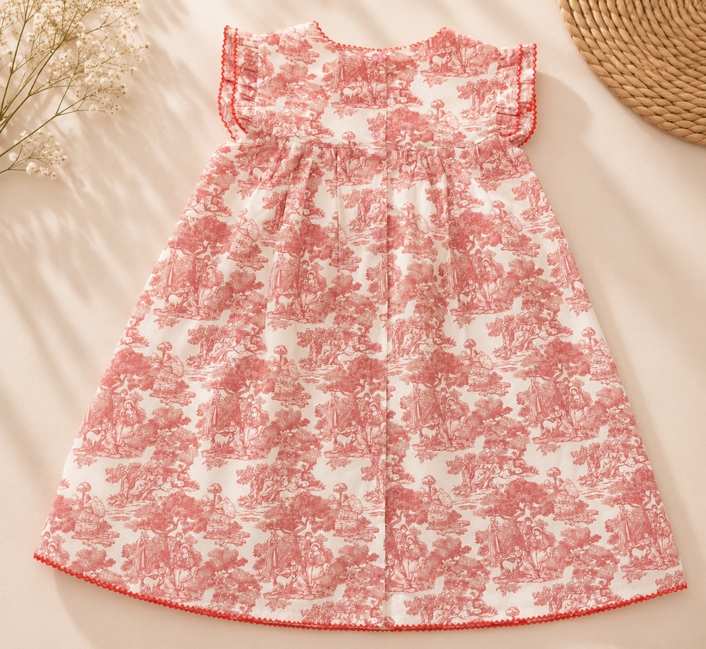 A sleeveless baby dress with a pink and white toile de Jouy pattern, laid flat on a light beige background with soft shadows. The dress features ruffled trim at the neckline and hem, and is styled with dried flowers and a woven straw hat in the corners.