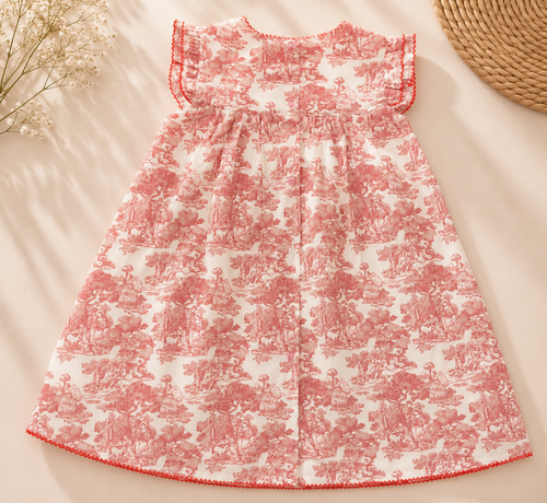 A sleeveless baby dress with a pink and white toile de Jouy pattern, laid flat on a light beige background with soft shadows. The dress features ruffled trim at the neckline and hem, and is styled with dried flowers and a woven straw hat in the corners.