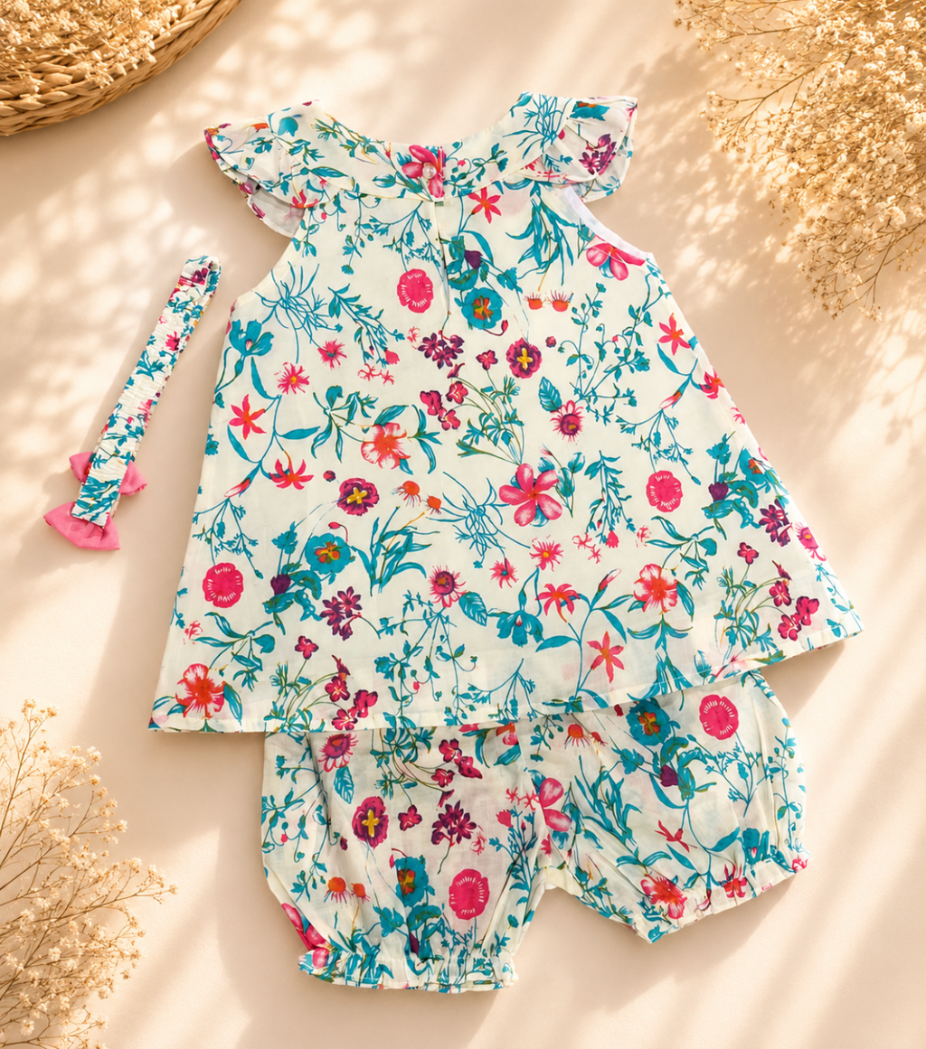 A baby girl's two-piece floral outfit set featuring a ruffle-sleeve romper and matching bloomers, laid flat on a warm beige background with decorative dried flowers and a woven basket.