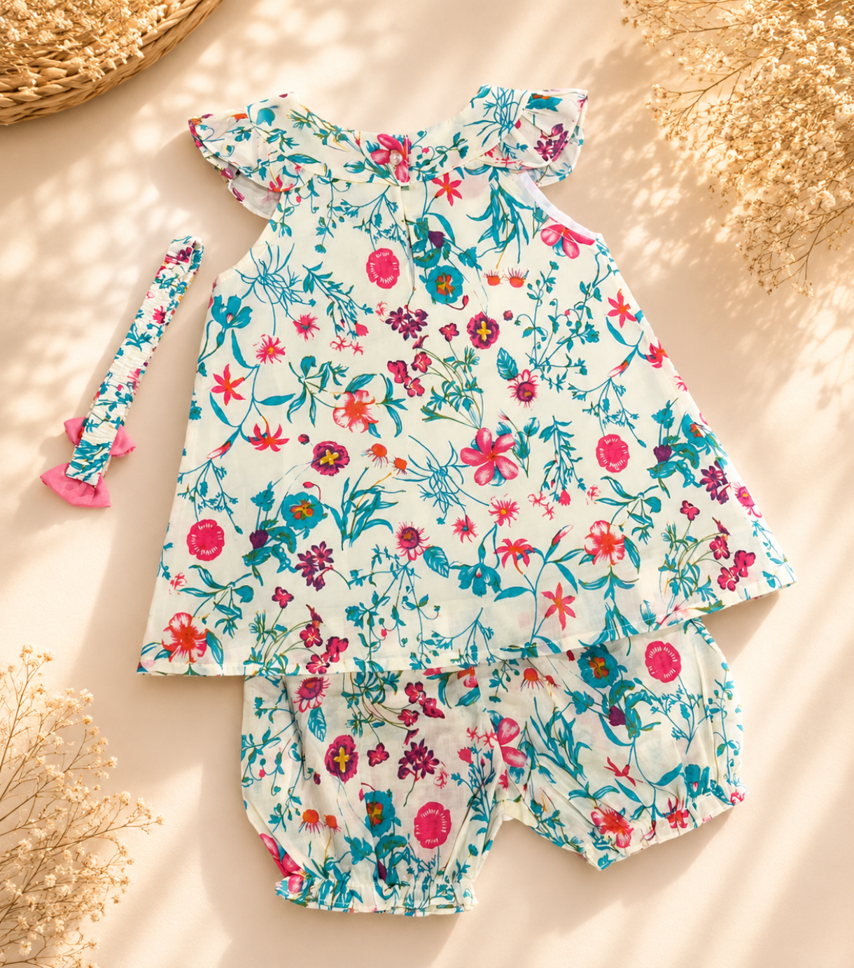 A baby girl's two-piece floral outfit set featuring a ruffle-sleeve romper and matching bloomers, laid flat on a warm beige background with decorative dried flowers and a woven basket.