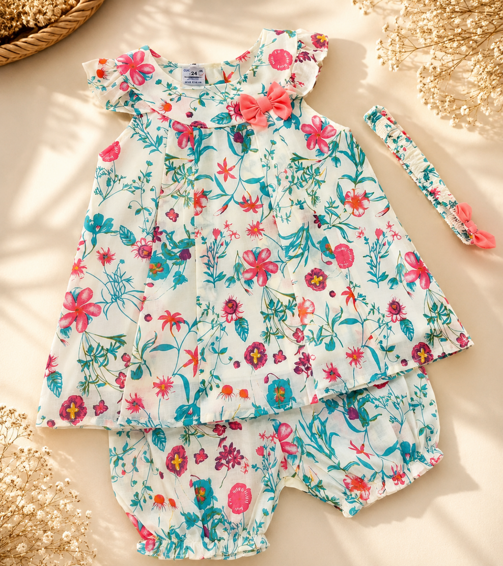 A baby girl's three-piece floral outfit set featuring a ruffle-sleeve top, matching shorts, and a headband, laid flat on a warm beige background with decorative dried flowers.