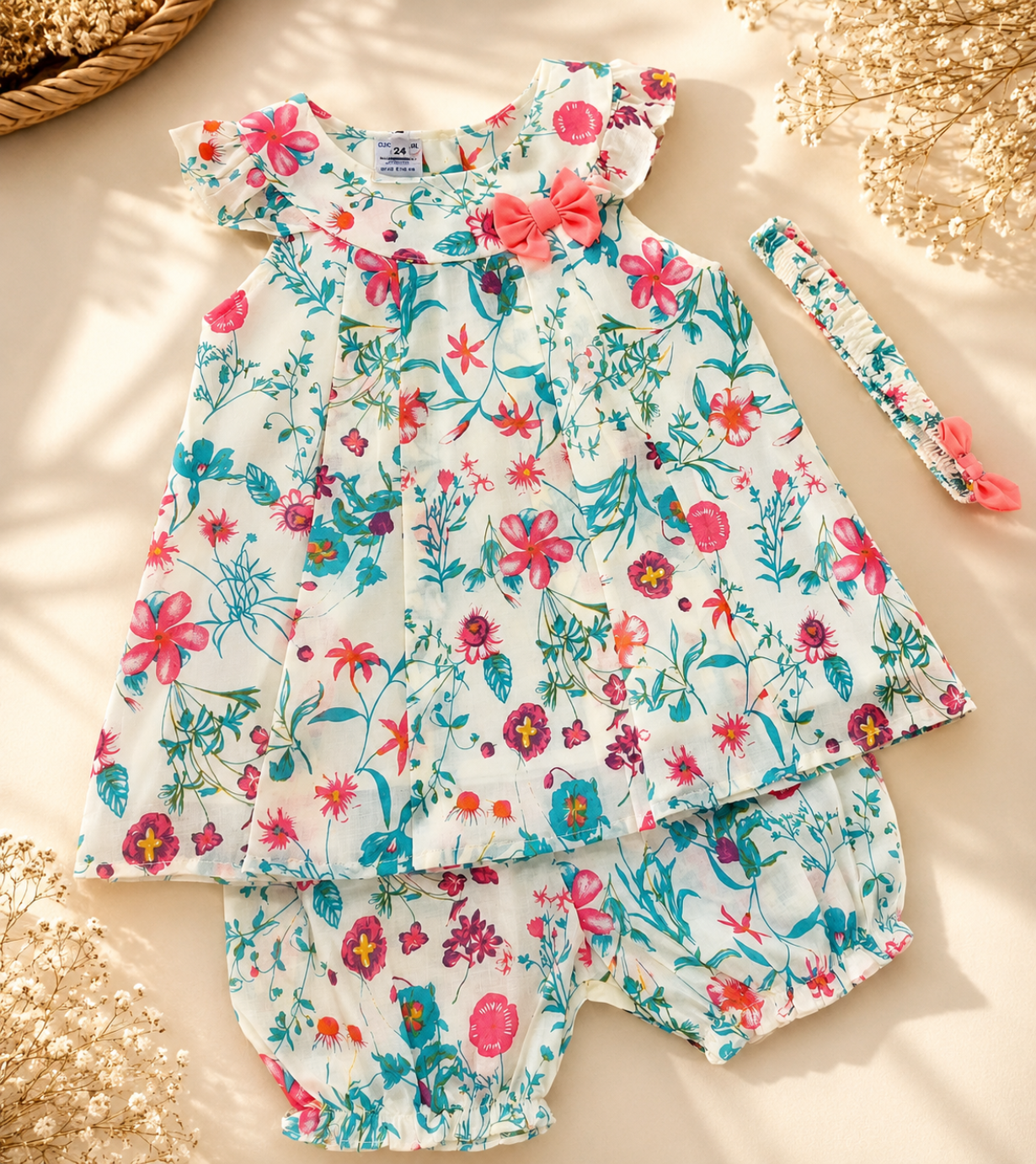A baby girl's three-piece floral outfit set featuring a ruffle-sleeve top, matching shorts, and a headband, laid flat on a warm beige background with decorative dried flowers.
