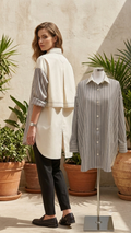 A woman stands outdoors wearing a cream asymmetrical overshirt with striped sleeves and black pants, next to a mannequin displaying a matching gray-and-white vertically striped button-up shirt.