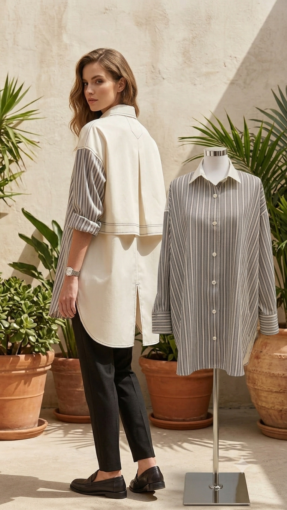 A woman stands outdoors wearing a cream asymmetrical overshirt with striped sleeves and black pants, next to a mannequin displaying a matching gray-and-white vertically striped button-up shirt.