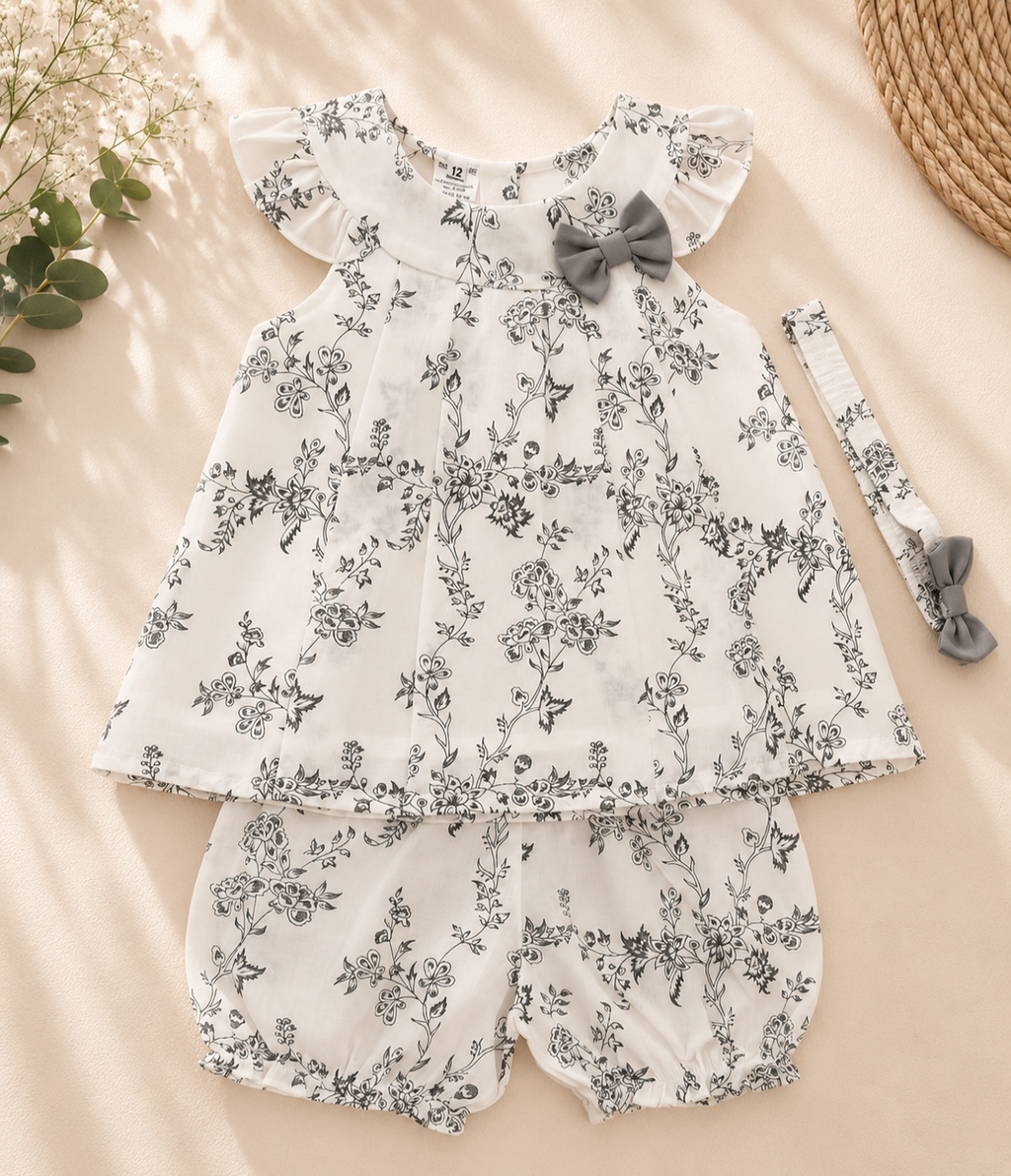 A baby girl's two-piece outfit set featuring a white ruffle-sleeve top and matching bubble shorts with a black floral print, styled with a gray bow and a matching headband on a beige fabric background.
