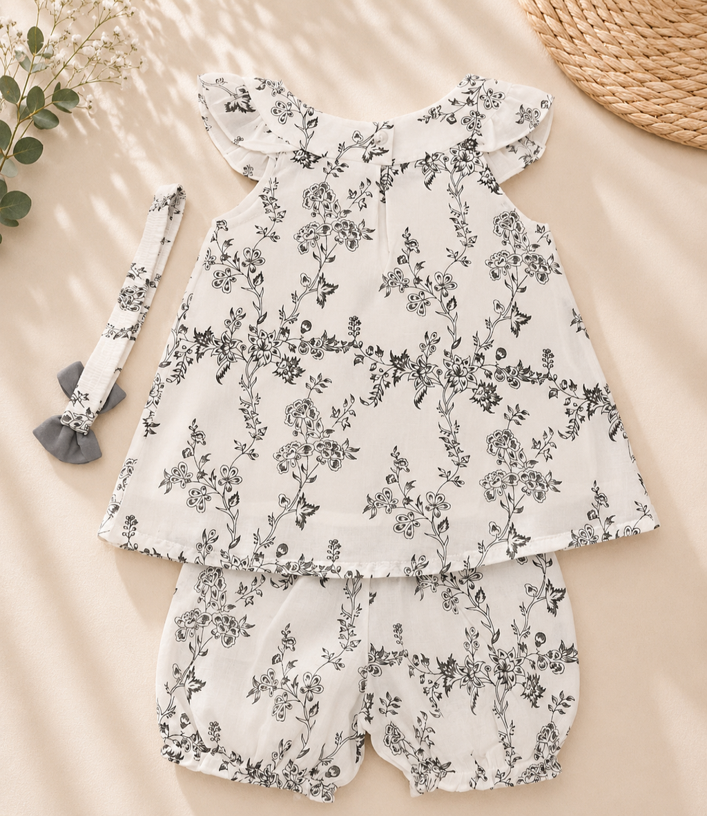 A baby girl's two-piece outfit set featuring a white ruffled top with a black floral print and matching ruffled shorts, styled with a matching floral headband on a beige background with decorative props.