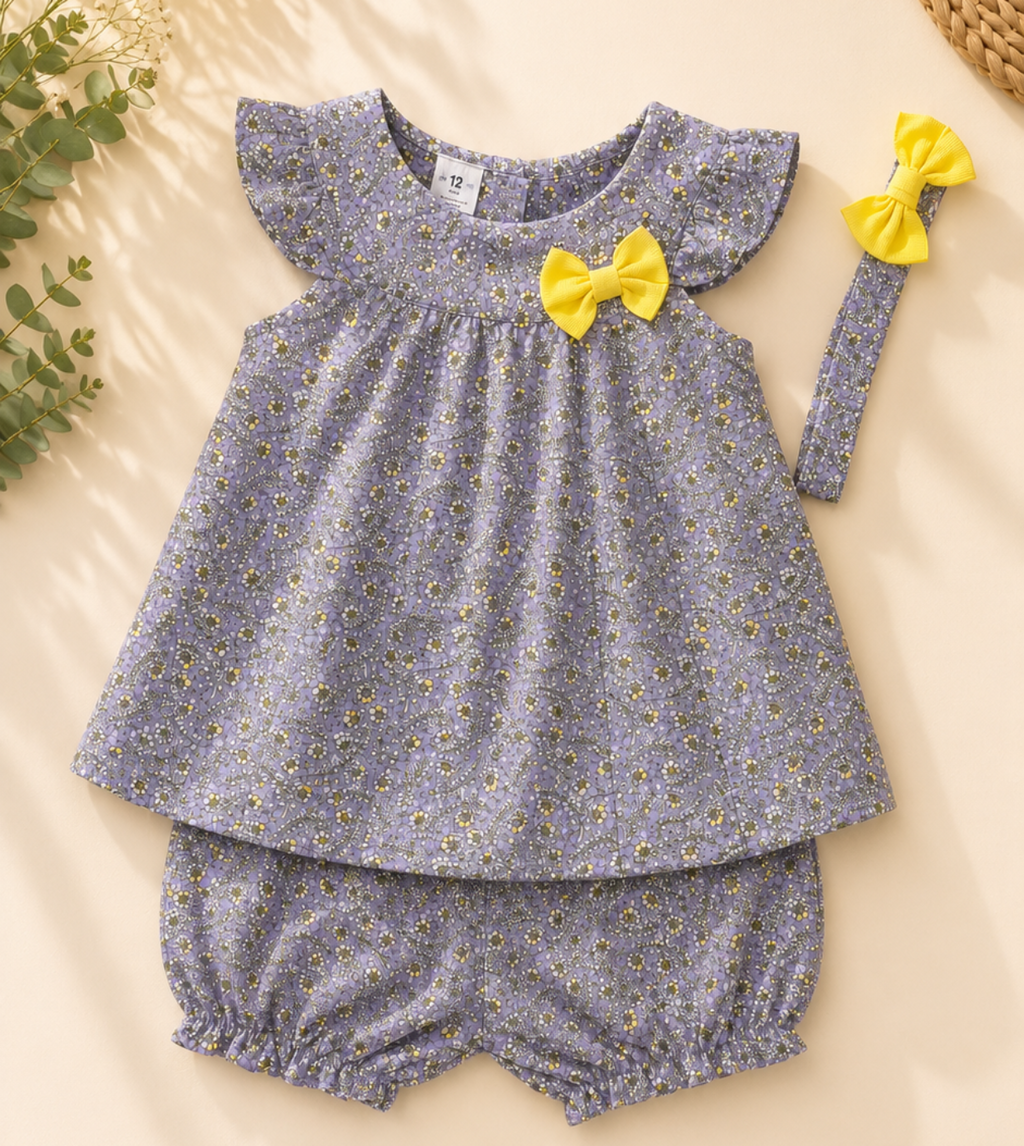 A baby girl's two-piece outfit set featuring a short-sleeve top and matching bloomers in a lavender-gray floral print, decorated with yellow bows, shown with a matching headband on a beige background with decorative dried flowers and a woven hat.