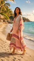 a long, loose bohemian-style printed dress or kaftan in soft pink, peach, and beige tones